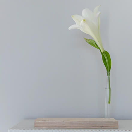 Trauergeschenk selber machen: Step 3 Kartenhalter aus Holz mit einem Glasröhrchen, in der eine weiße Blume steckt