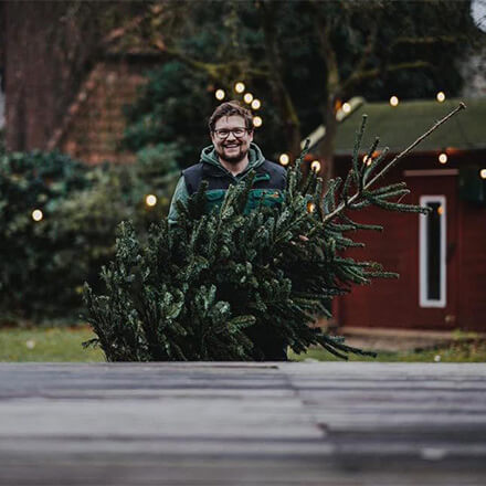 Blog Beitrab Weihnachtsbaumpflege 1 Ein Mann trägt draußen einen Weihnachtsbaum.