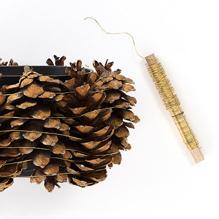 Ideen mit Weihnachtssternen - Idee Schritt 2 Zapfen werden mit goldenem Zierdraht umwickelt.