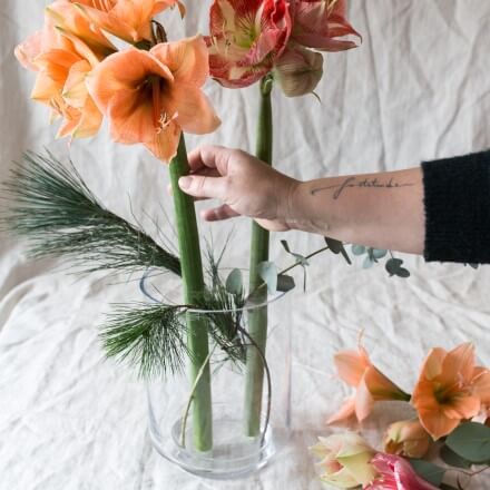 Tischdeko mit Amaryllis Step 4 Zwischenräume werden mit Eukalyptus- und Kiefernzweigen gefüllt