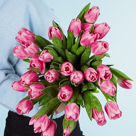 Frau hält einen Strauß mit Rosa Tulpen